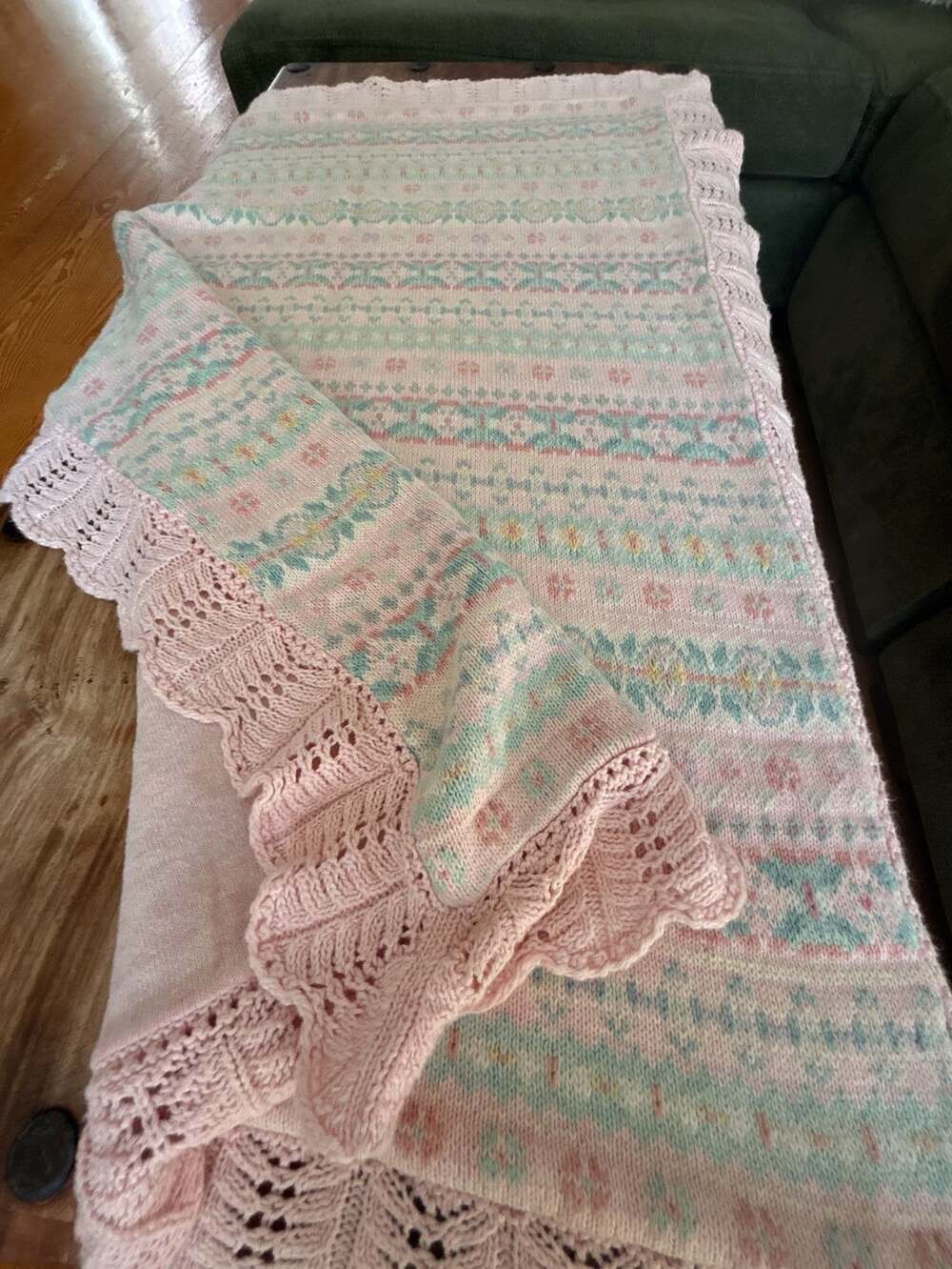 Ralph Lauren Pink Floral Fair Isle Knit Baby Blanket Scalloped Edge & TH
